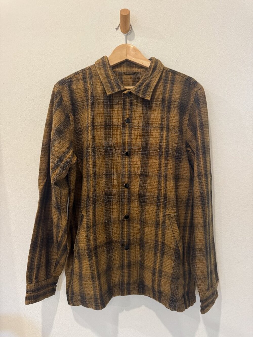 Obey Plaid Flannel Shirt Jacket Men's L Mustard Navy Snap Front Cotton